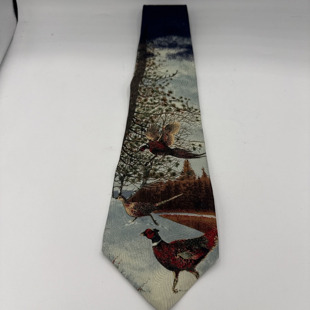 Vintage 100% silk tie Pheasants Alighting Owen Gromme USA 1966 Pheasant Snow